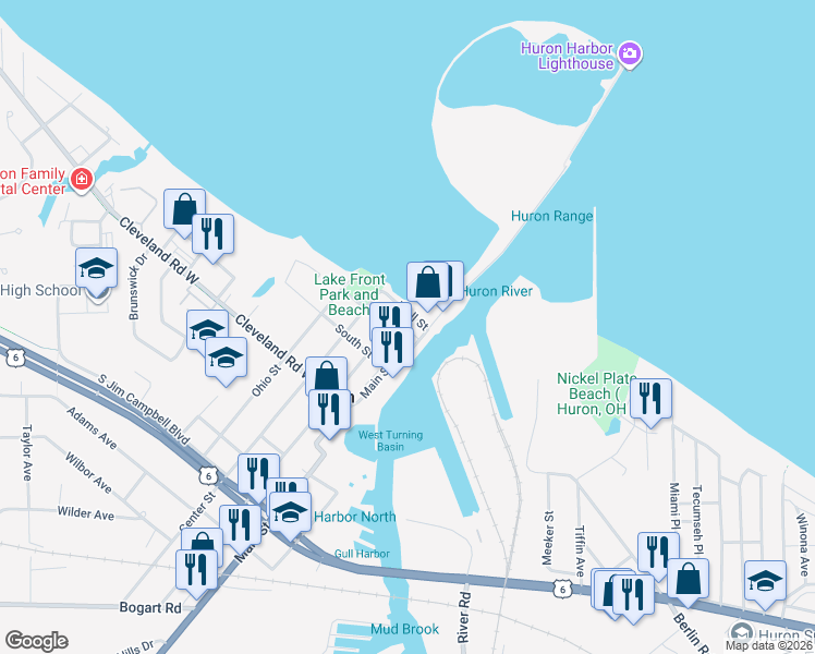 map of restaurants, bars, coffee shops, grocery stores, and more near 112 Wall Street in Huron