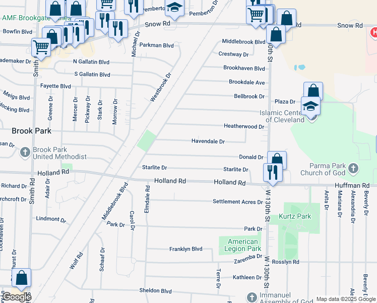 map of restaurants, bars, coffee shops, grocery stores, and more near 13892 Donald Drive in Brook Park