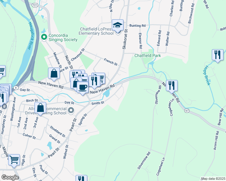 map of restaurants, bars, coffee shops, grocery stores, and more near 70 New Haven Road in Seymour