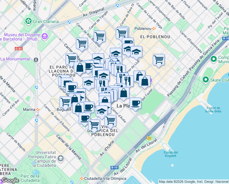 map of restaurants, bars, coffee shops, grocery stores, and more near 58 Carrer de Badajoz in Barcelona