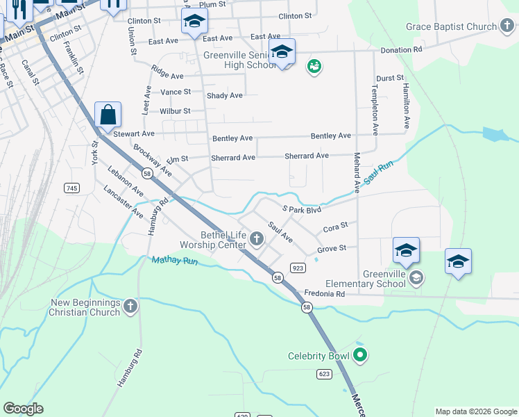 map of restaurants, bars, coffee shops, grocery stores, and more near 7-39 South Park Boulevard in Greenville