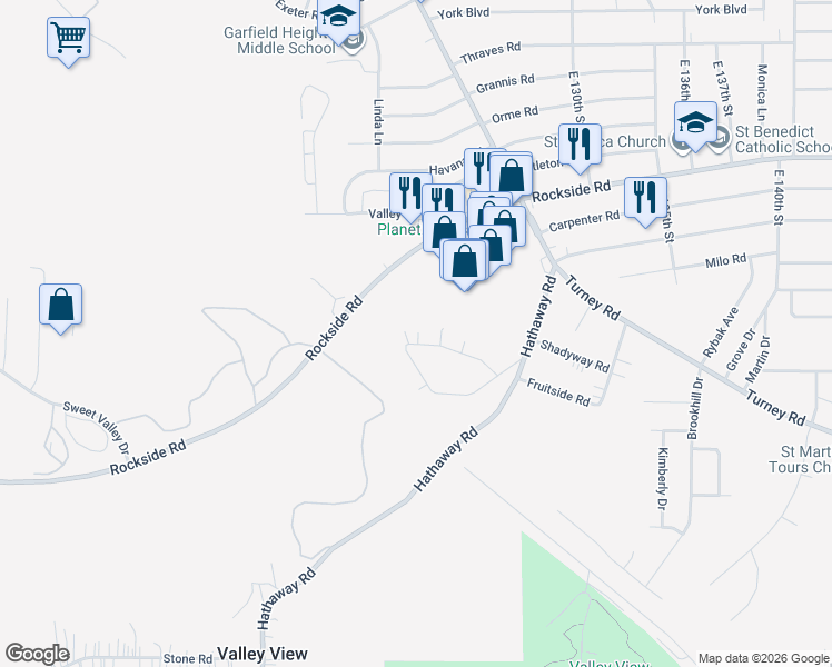 map of restaurants, bars, coffee shops, grocery stores, and more near 12123 Sunset Drive in Cleveland