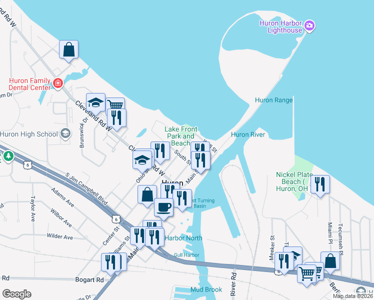 map of restaurants, bars, coffee shops, grocery stores, and more near 123 Williams Street in Huron