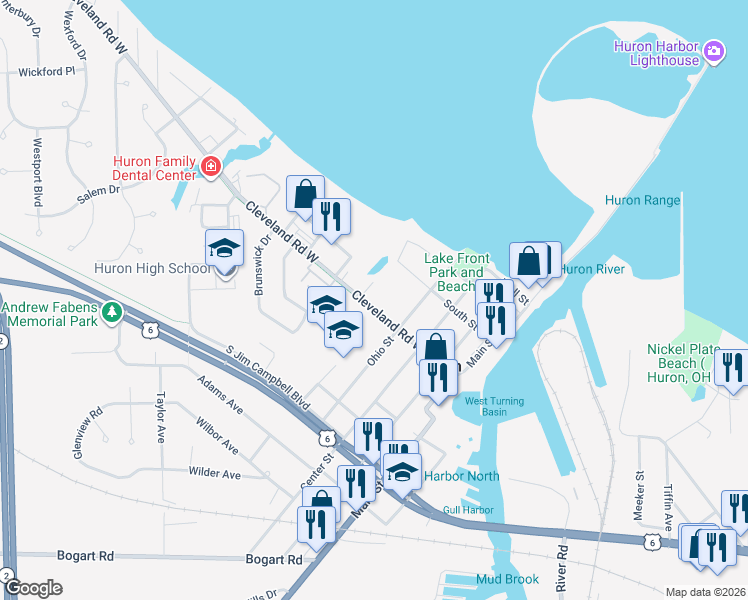 map of restaurants, bars, coffee shops, grocery stores, and more near 423 Cleveland Road West in Huron