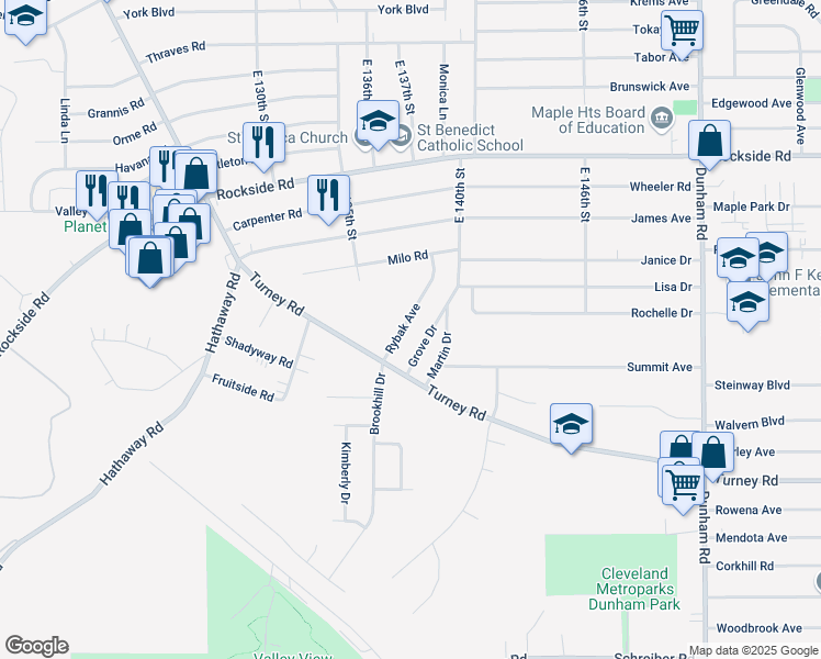 map of restaurants, bars, coffee shops, grocery stores, and more near 13630 Rybak Avenue in Garfield Heights