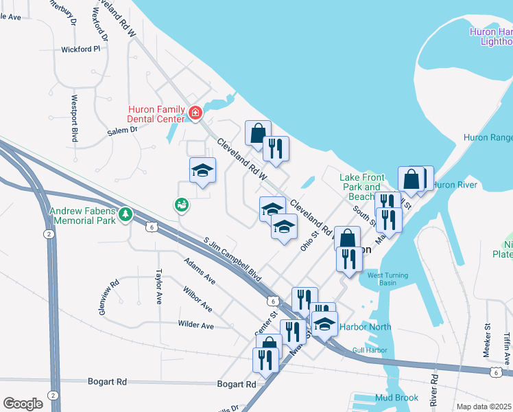 map of restaurants, bars, coffee shops, grocery stores, and more near 320 Portland Dr in Huron