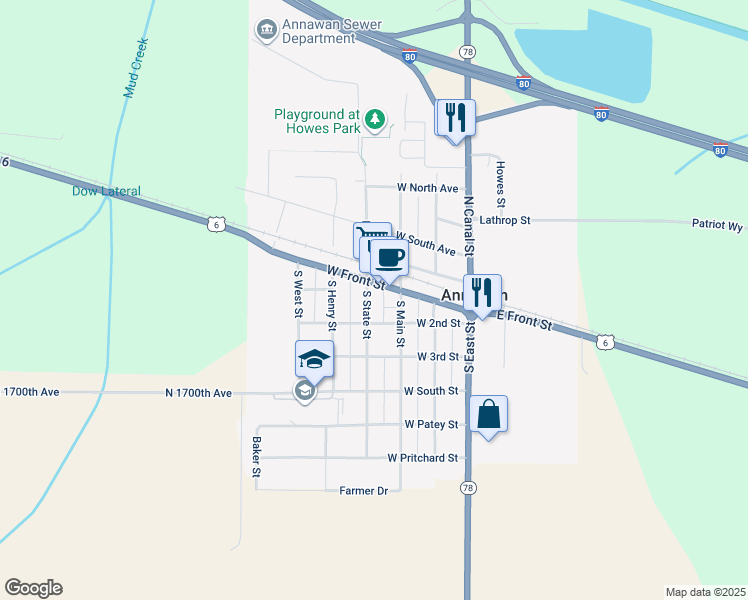 map of restaurants, bars, coffee shops, grocery stores, and more near 107 South State Street in Annawan