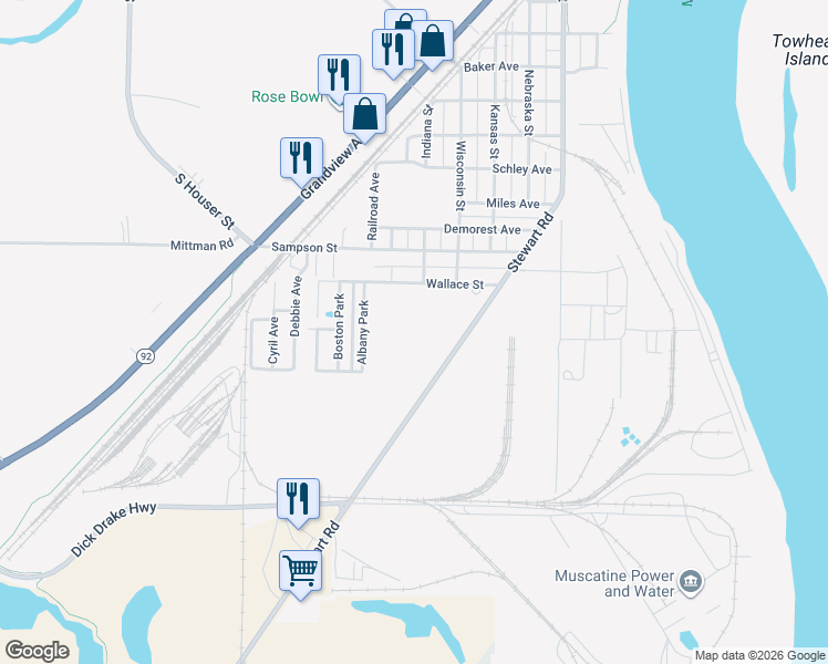 map of restaurants, bars, coffee shops, grocery stores, and more near 1911 Stewart Road in Muscatine