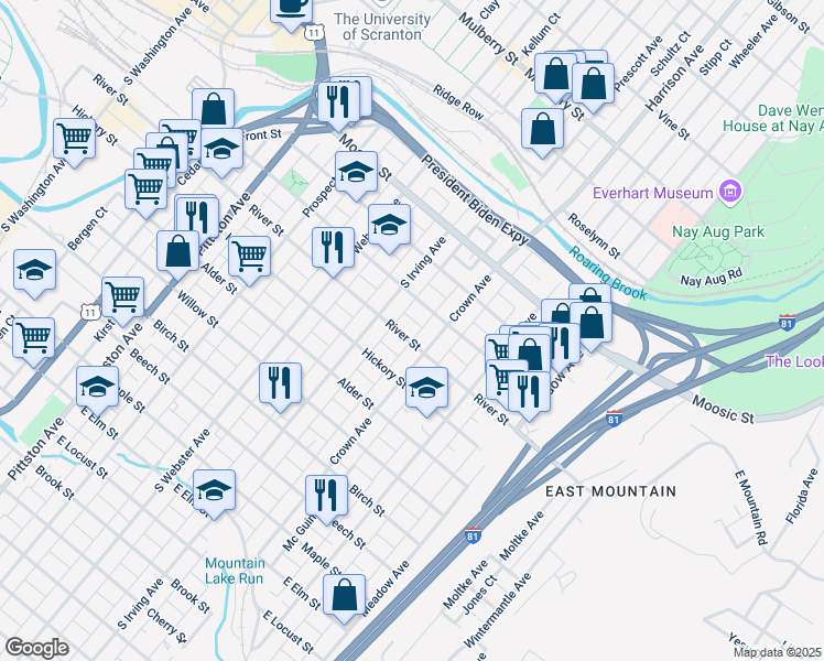 map of restaurants, bars, coffee shops, grocery stores, and more near 827 River Street in Scranton