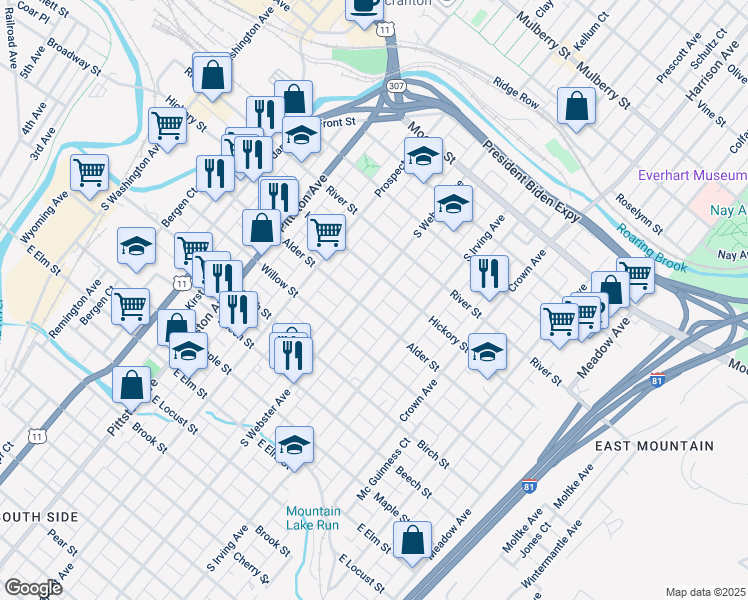 map of restaurants, bars, coffee shops, grocery stores, and more near in Scranton
