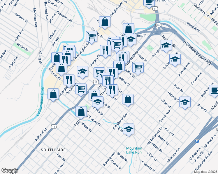 map of restaurants, bars, coffee shops, grocery stores, and more near 827 Pittston Avenue in Scranton