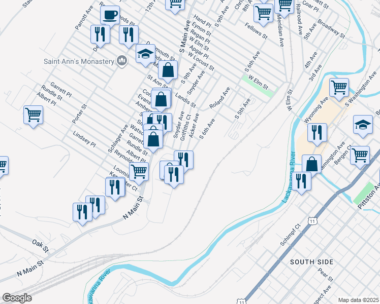 map of restaurants, bars, coffee shops, grocery stores, and more near 1253-1299 South 6th Avenue in Scranton