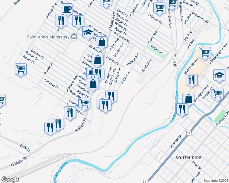 map of restaurants, bars, coffee shops, grocery stores, and more near 1253-1299 South 6th Avenue in Scranton