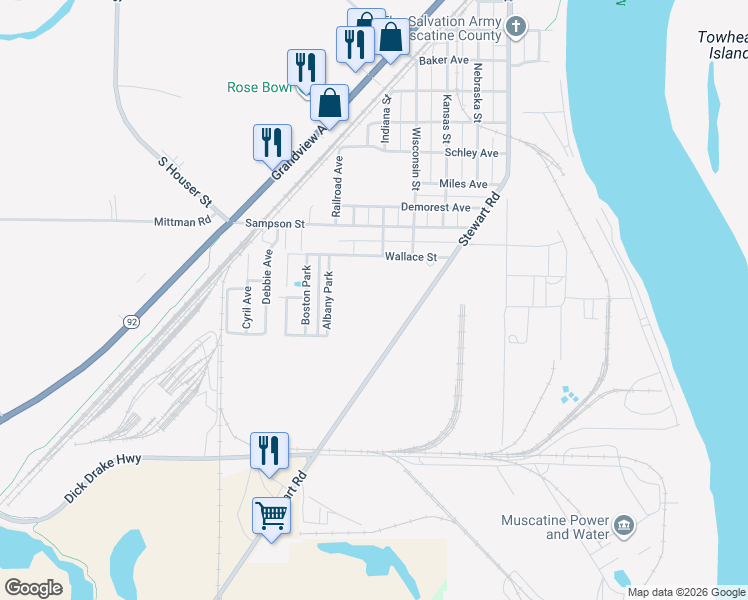 map of restaurants, bars, coffee shops, grocery stores, and more near 1911 Stewart Road in Muscatine