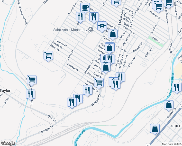 map of restaurants, bars, coffee shops, grocery stores, and more near 1148 Reynolds Ave in Scranton