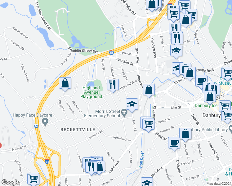 map of restaurants, bars, coffee shops, grocery stores, and more near 38 Highland Avenue in Danbury