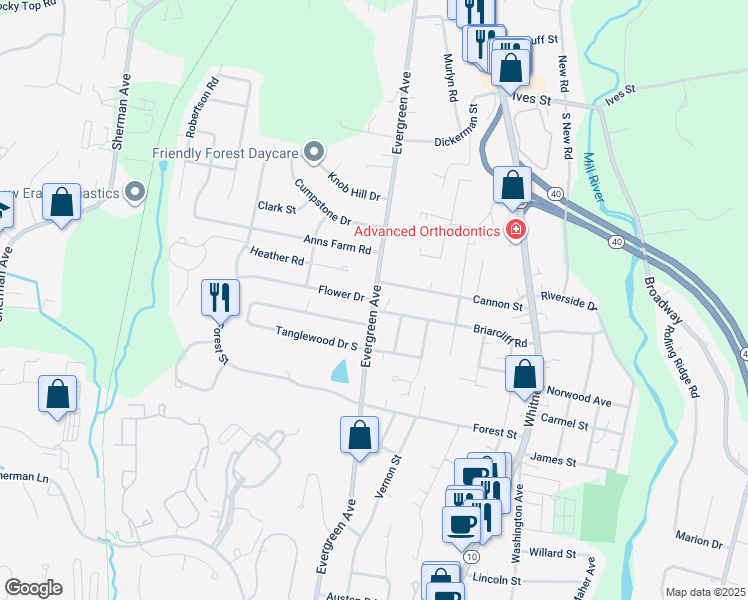 map of restaurants, bars, coffee shops, grocery stores, and more near Evergreen Avenue & Flower Drive in Hamden