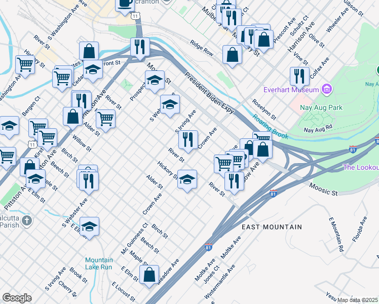 map of restaurants, bars, coffee shops, grocery stores, and more near 312 Crown Avenue in Scranton