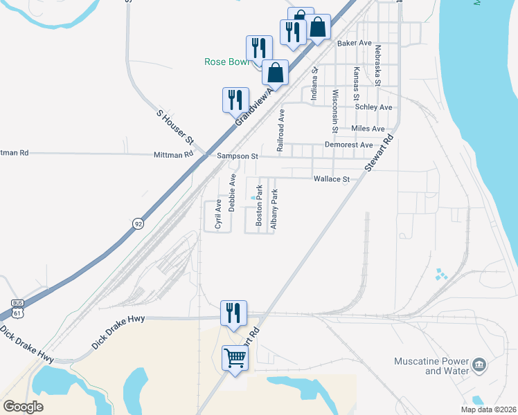 map of restaurants, bars, coffee shops, grocery stores, and more near 81 Denver Park in Muscatine