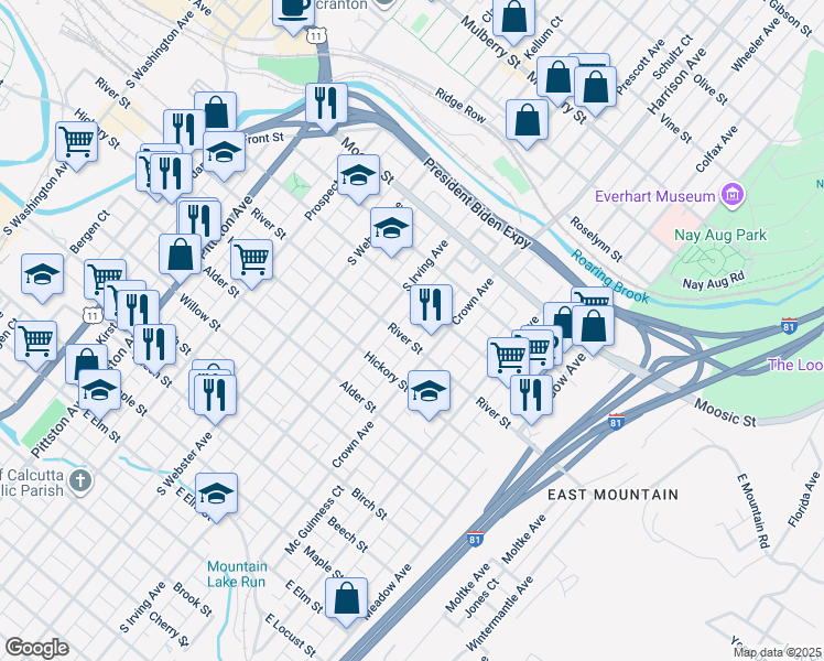 map of restaurants, bars, coffee shops, grocery stores, and more near 827 River St in Scranton