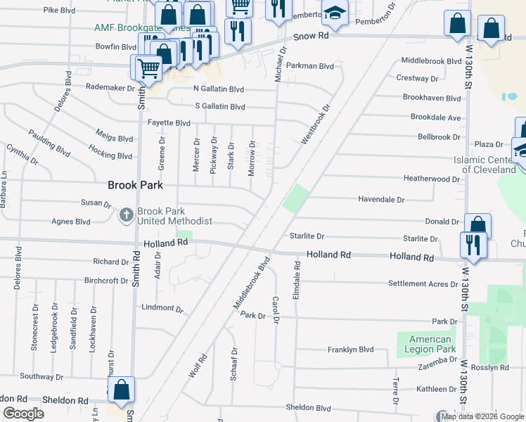 map of restaurants, bars, coffee shops, grocery stores, and more near 6145 Michael Drive in Brook Park