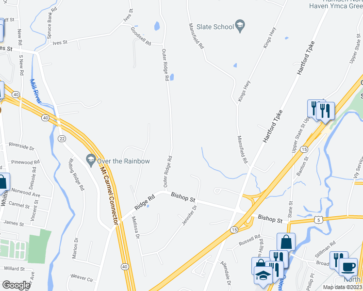 map of restaurants, bars, coffee shops, grocery stores, and more near 2281 Ridge Road in North Haven