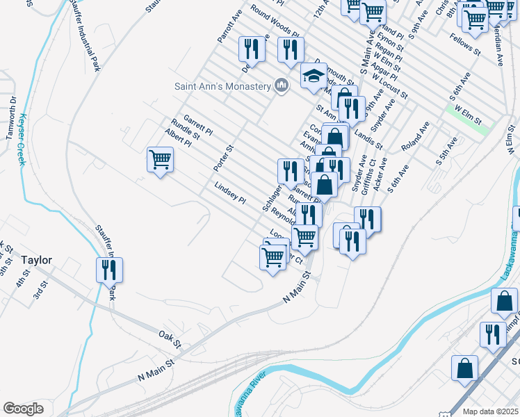 map of restaurants, bars, coffee shops, grocery stores, and more near 1208 Loomis Avenue in Scranton