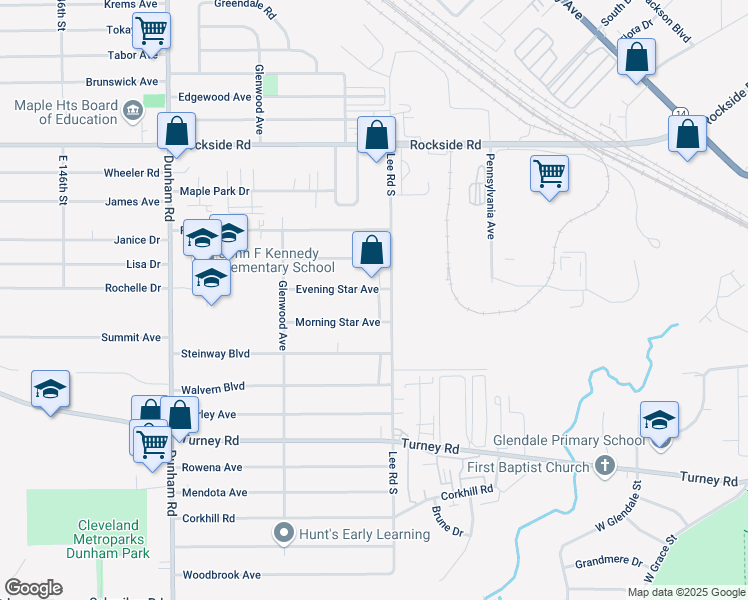 map of restaurants, bars, coffee shops, grocery stores, and more near 16009 Morning Star Avenue in Maple Heights