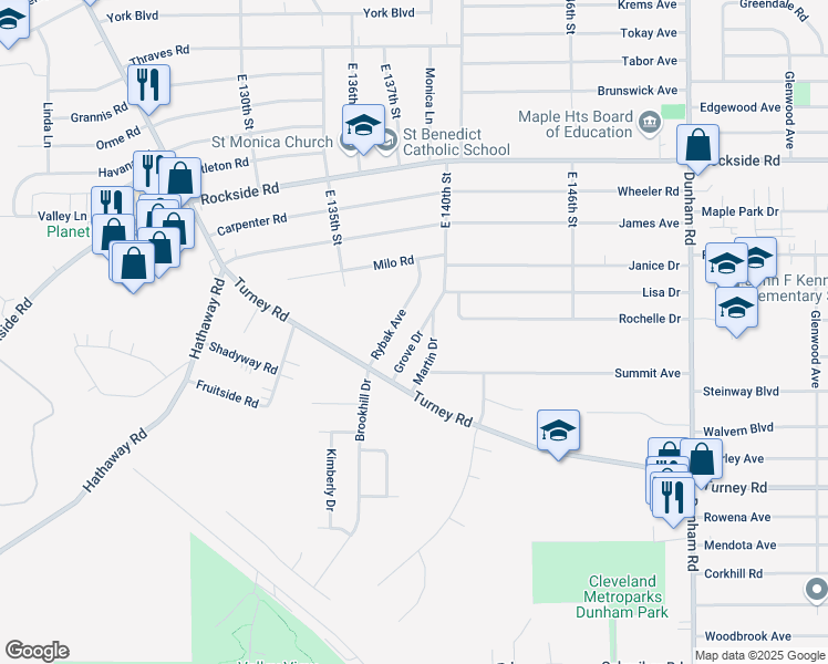map of restaurants, bars, coffee shops, grocery stores, and more near 13630 Rybak Avenue in Garfield Heights