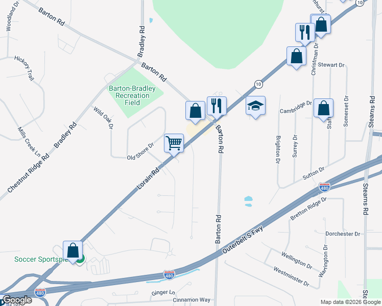 map of restaurants, bars, coffee shops, grocery stores, and more near 30681 Lorain Road in North Olmsted