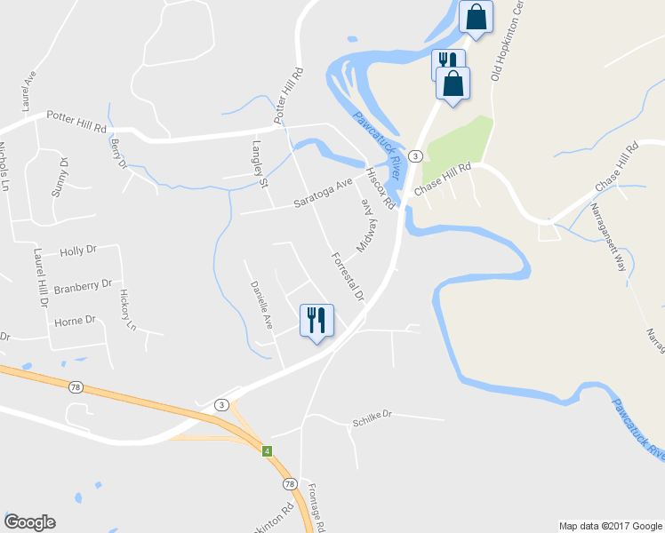 map of restaurants, bars, coffee shops, grocery stores, and more near 12 Forrestal Drive in Westerly