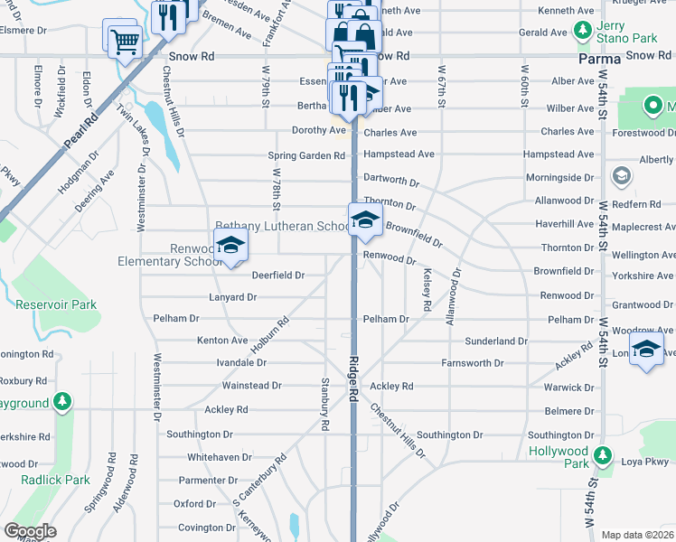 map of restaurants, bars, coffee shops, grocery stores, and more near 6106 Ridge Road in Parma