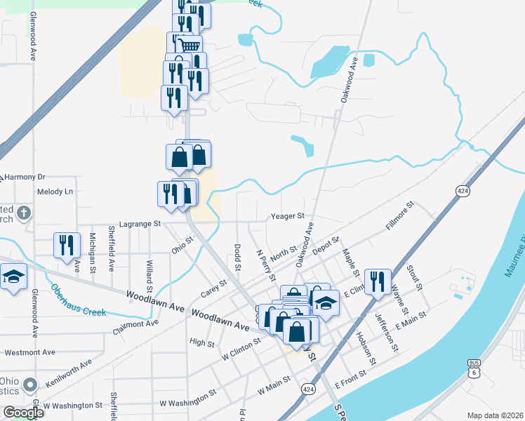 map of restaurants, bars, coffee shops, grocery stores, and more near 1210 Detroit Avenue in Napoleon