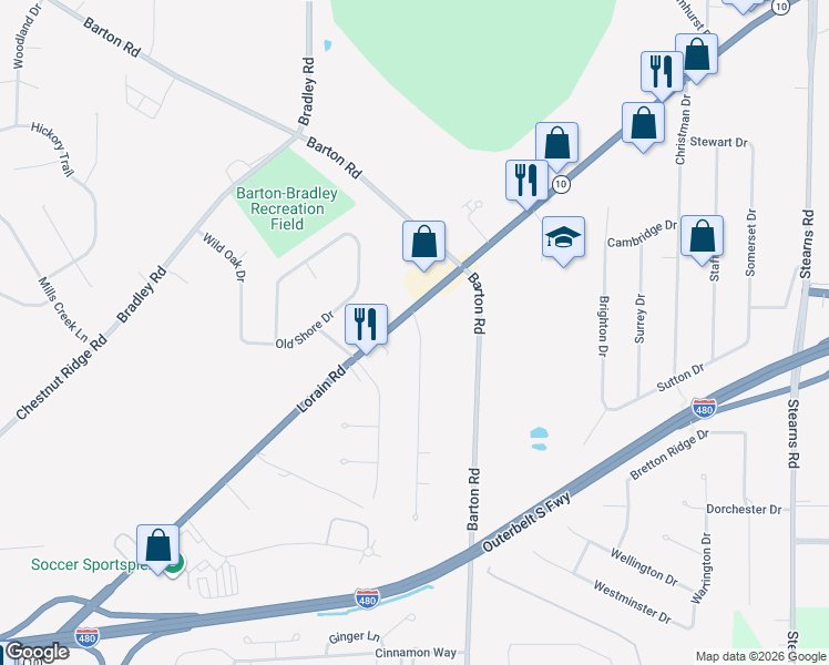 map of restaurants, bars, coffee shops, grocery stores, and more near 30681 Lorain Road in North Olmsted