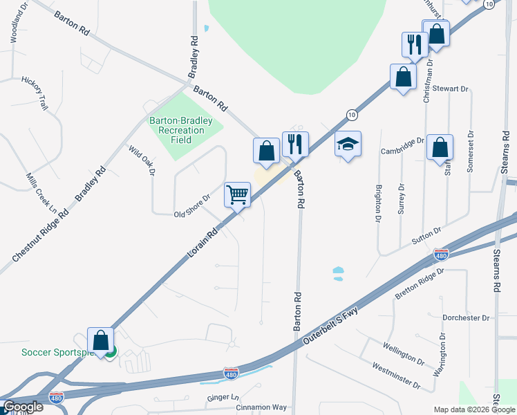 map of restaurants, bars, coffee shops, grocery stores, and more near 30681 Lorain Road in North Olmsted