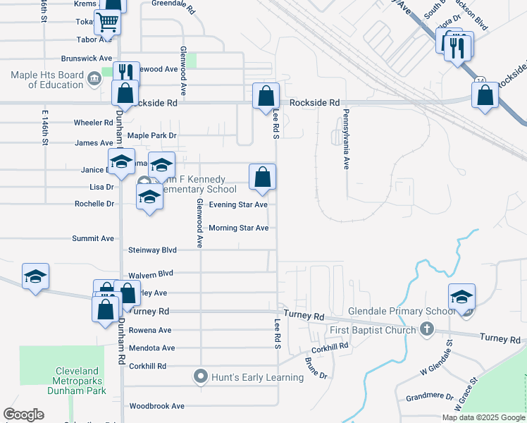 map of restaurants, bars, coffee shops, grocery stores, and more near 16009 Morning Star Avenue in Maple Heights