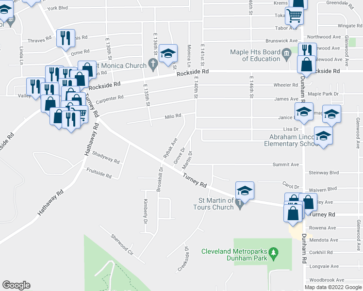 map of restaurants, bars, coffee shops, grocery stores, and more near 13630 Rybak Avenue in Garfield Heights