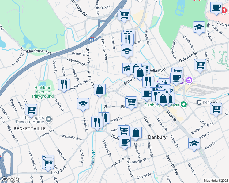 map of restaurants, bars, coffee shops, grocery stores, and more near 64 Bells Lane in Danbury