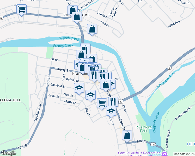 map of restaurants, bars, coffee shops, grocery stores, and more near 1205 Liberty Street in Franklin