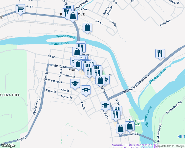map of restaurants, bars, coffee shops, grocery stores, and more near 1205 Liberty Street in Franklin