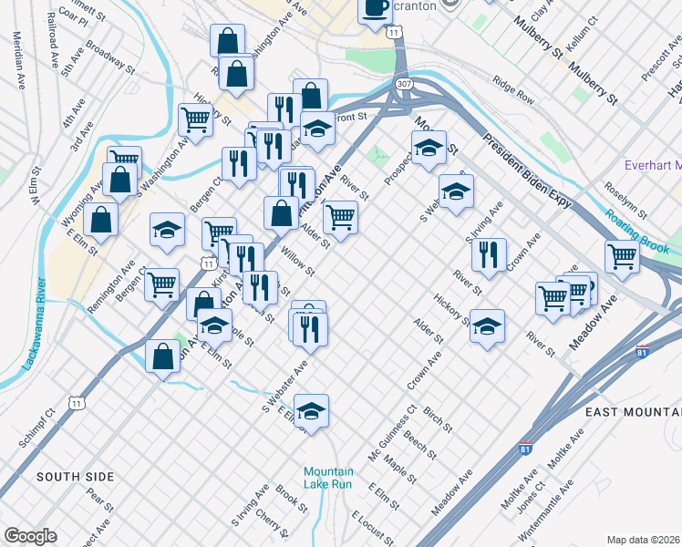 map of restaurants, bars, coffee shops, grocery stores, and more near 633 Willow Street in Scranton