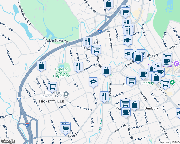 map of restaurants, bars, coffee shops, grocery stores, and more near 22 Grandview Avenue in Danbury