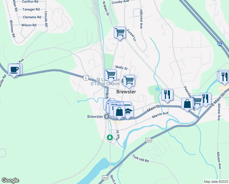 map of restaurants, bars, coffee shops, grocery stores, and more near 17 Prospect Street in Brewster