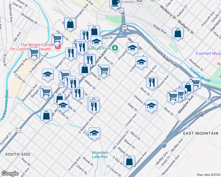 map of restaurants, bars, coffee shops, grocery stores, and more near in Scranton