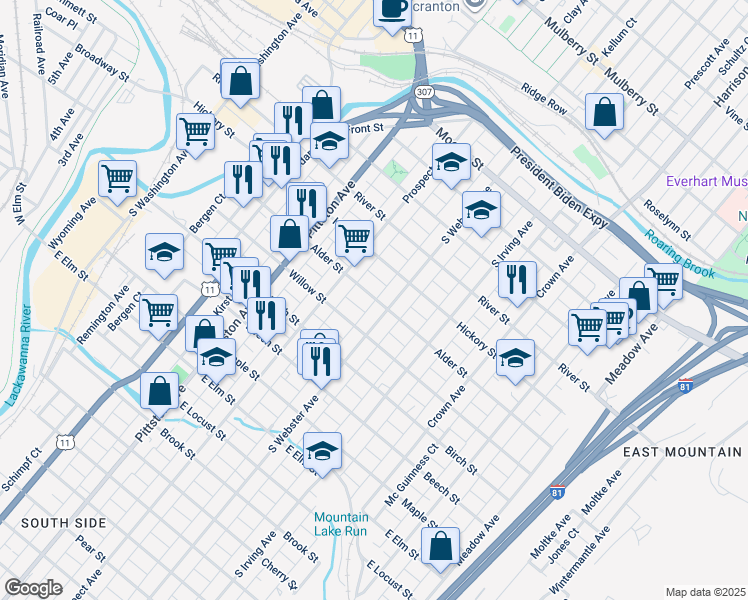 map of restaurants, bars, coffee shops, grocery stores, and more near in Scranton
