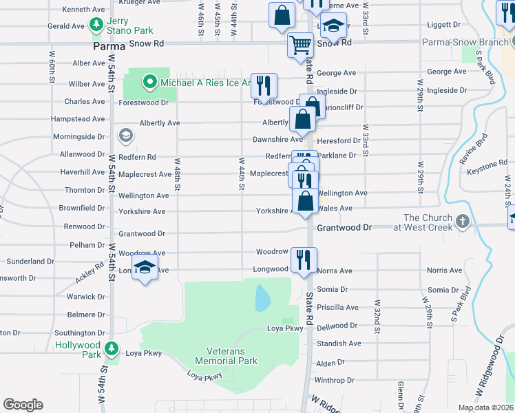 map of restaurants, bars, coffee shops, grocery stores, and more near 4215 Yorkshire Avenue in Cleveland