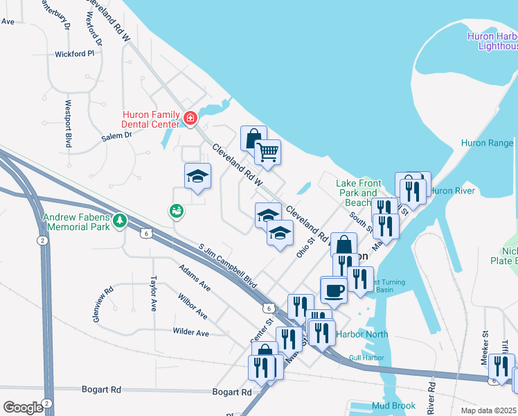 map of restaurants, bars, coffee shops, grocery stores, and more near 320 Portland Drive in Huron