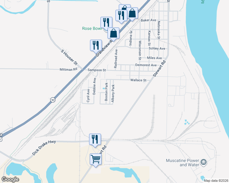 map of restaurants, bars, coffee shops, grocery stores, and more near 2-98 Albany Park in Muscatine