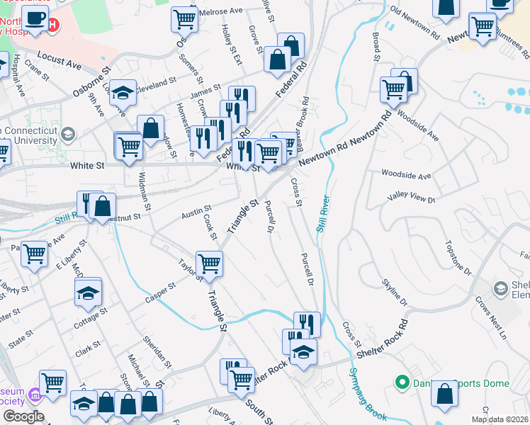 map of restaurants, bars, coffee shops, grocery stores, and more near 14 Purcell Drive in Danbury