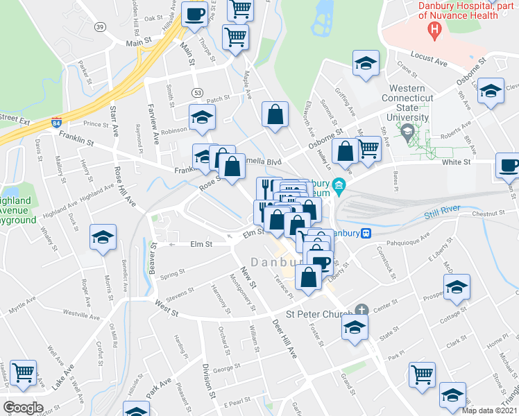 map of restaurants, bars, coffee shops, grocery stores, and more near 331 Main Street in Danbury